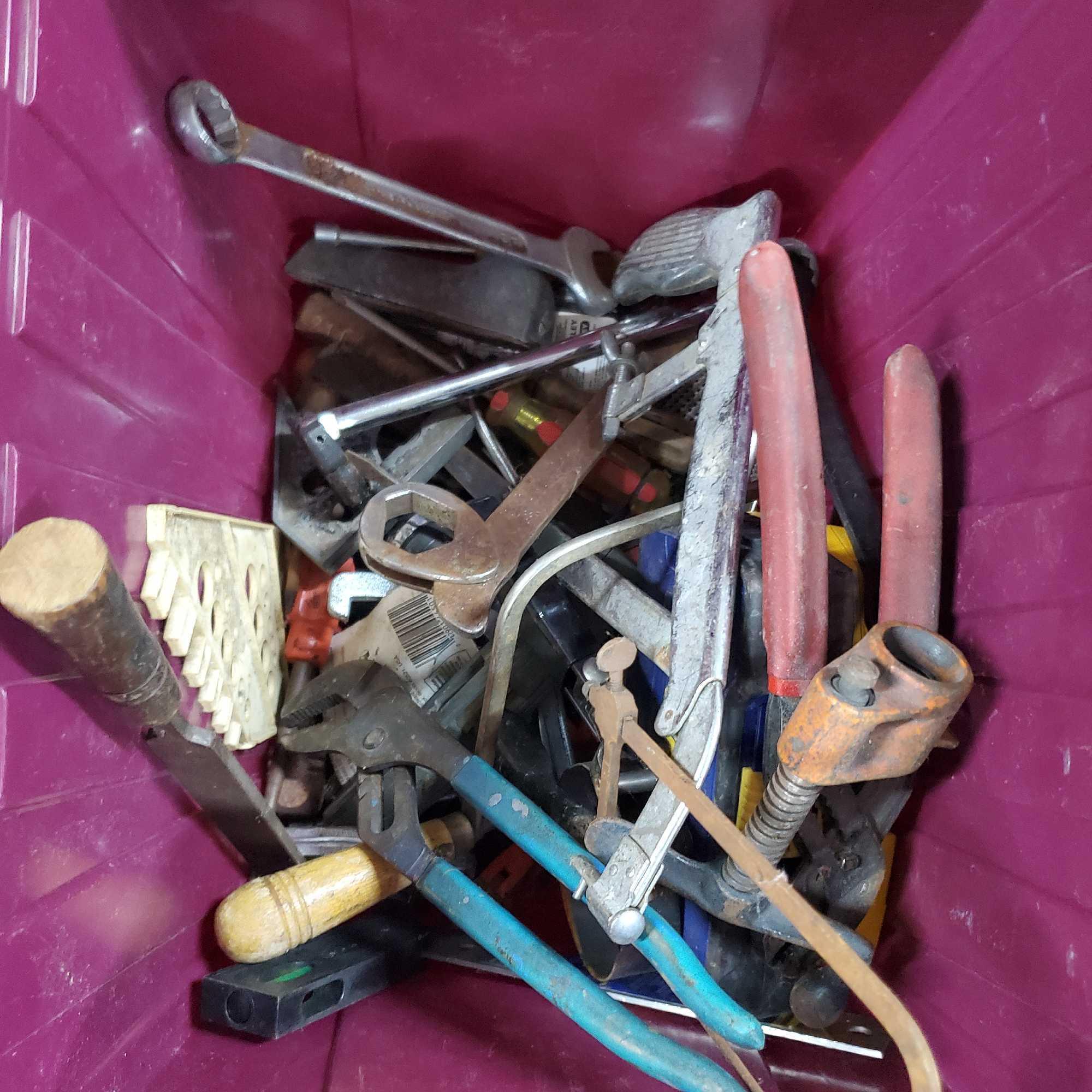 Bin of hand tools drill bits refrigeration hose/gage etc.