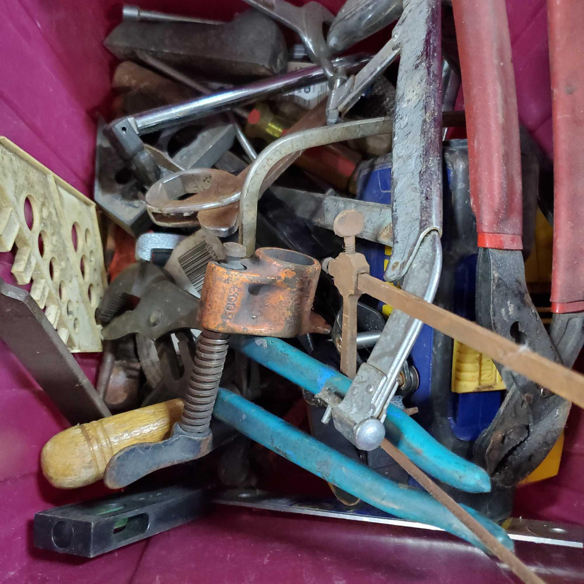 Bin of hand tools drill bits refrigeration hose/gage etc.