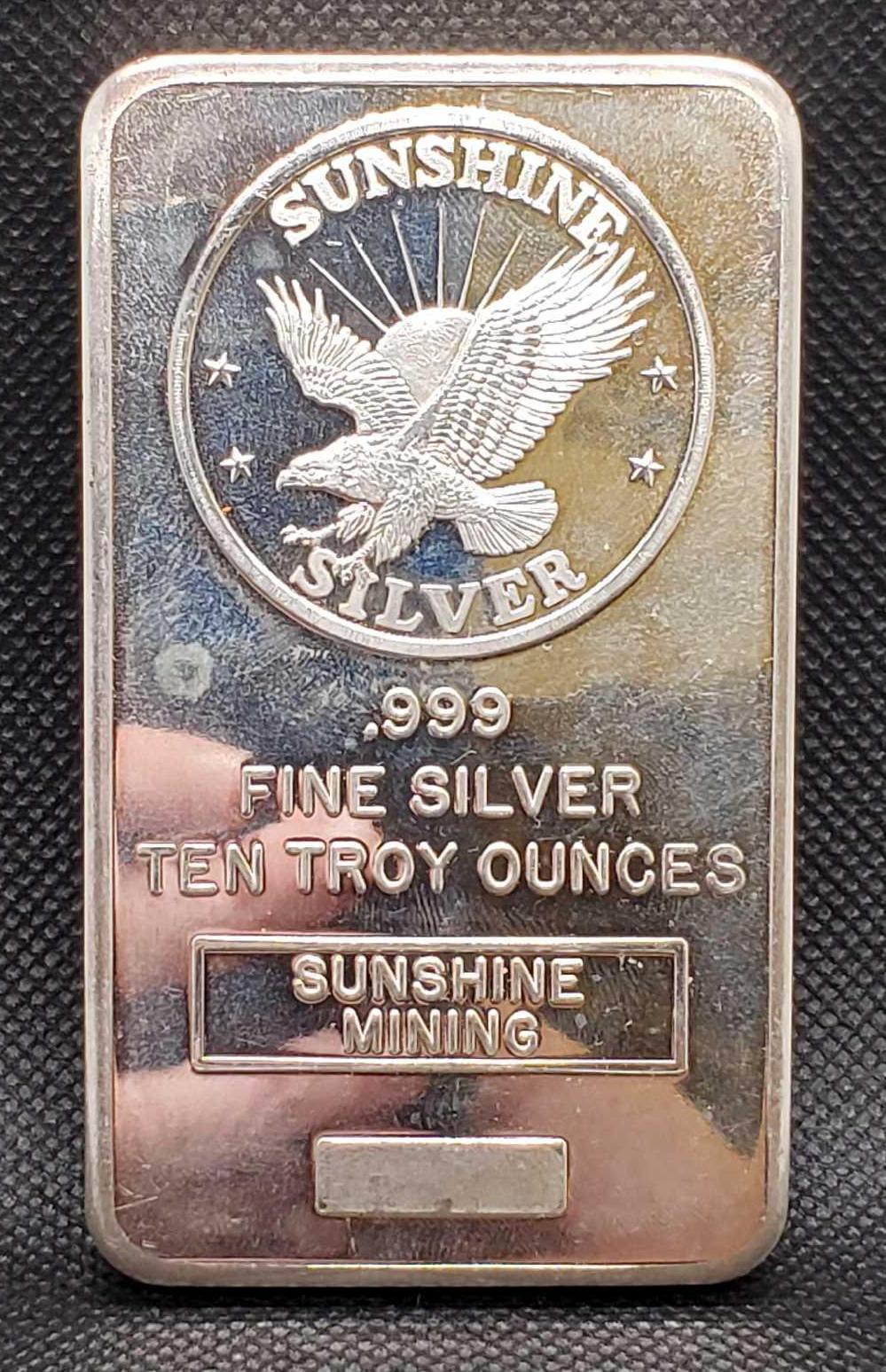 Sunshine 10 Troy Oz .999 Fine Silver Bar