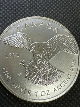 2014 Canadian Hawk 1 Troy Oz .9999 Fine Silver $5 Round Bullion Coin