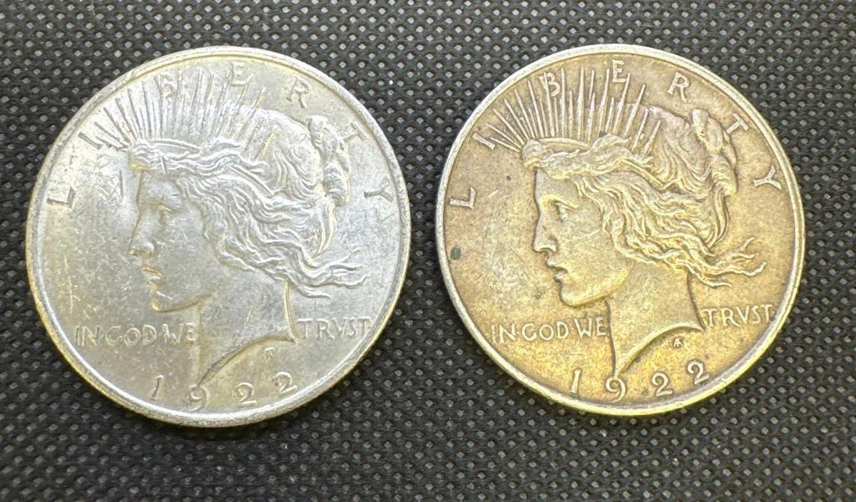 2x 1922 Silver Peace Dollars 90% Silver Coins 1.88 Oz