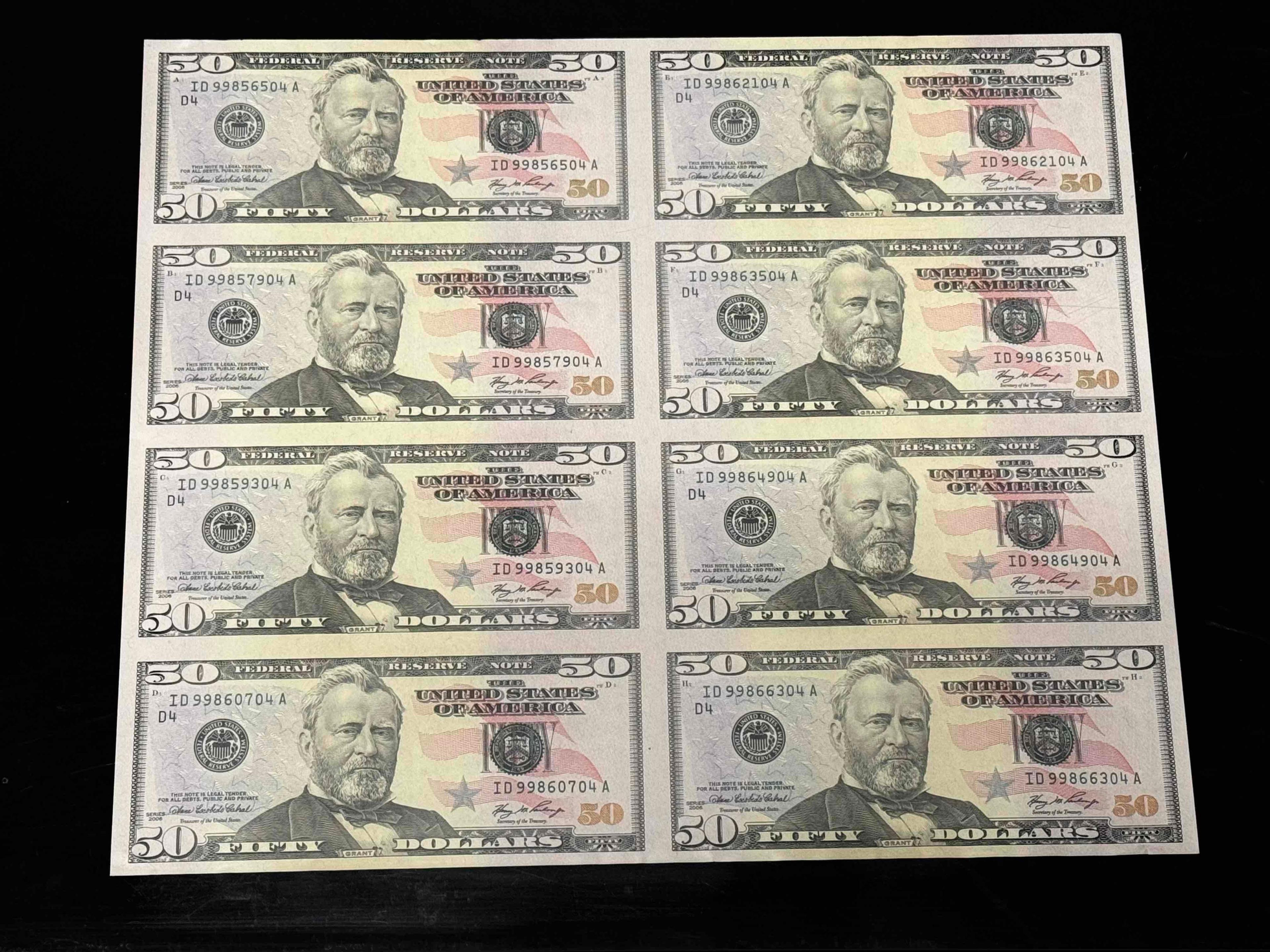 Uncut Sheet of 50 Dollar Bills 8 Count Series 2006 $400 Face Value