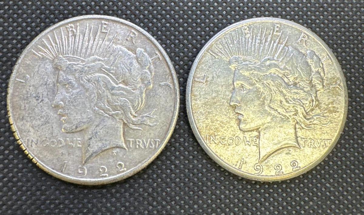 2x 1922-S Silver Peace Dollars 90% Silver Coins 1.88 Oz