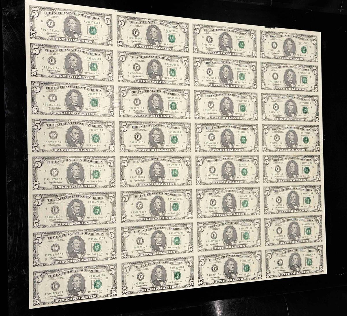 Uncut Sheet Of 32 $5 Bank Notes Series 1995 $160 Face Value