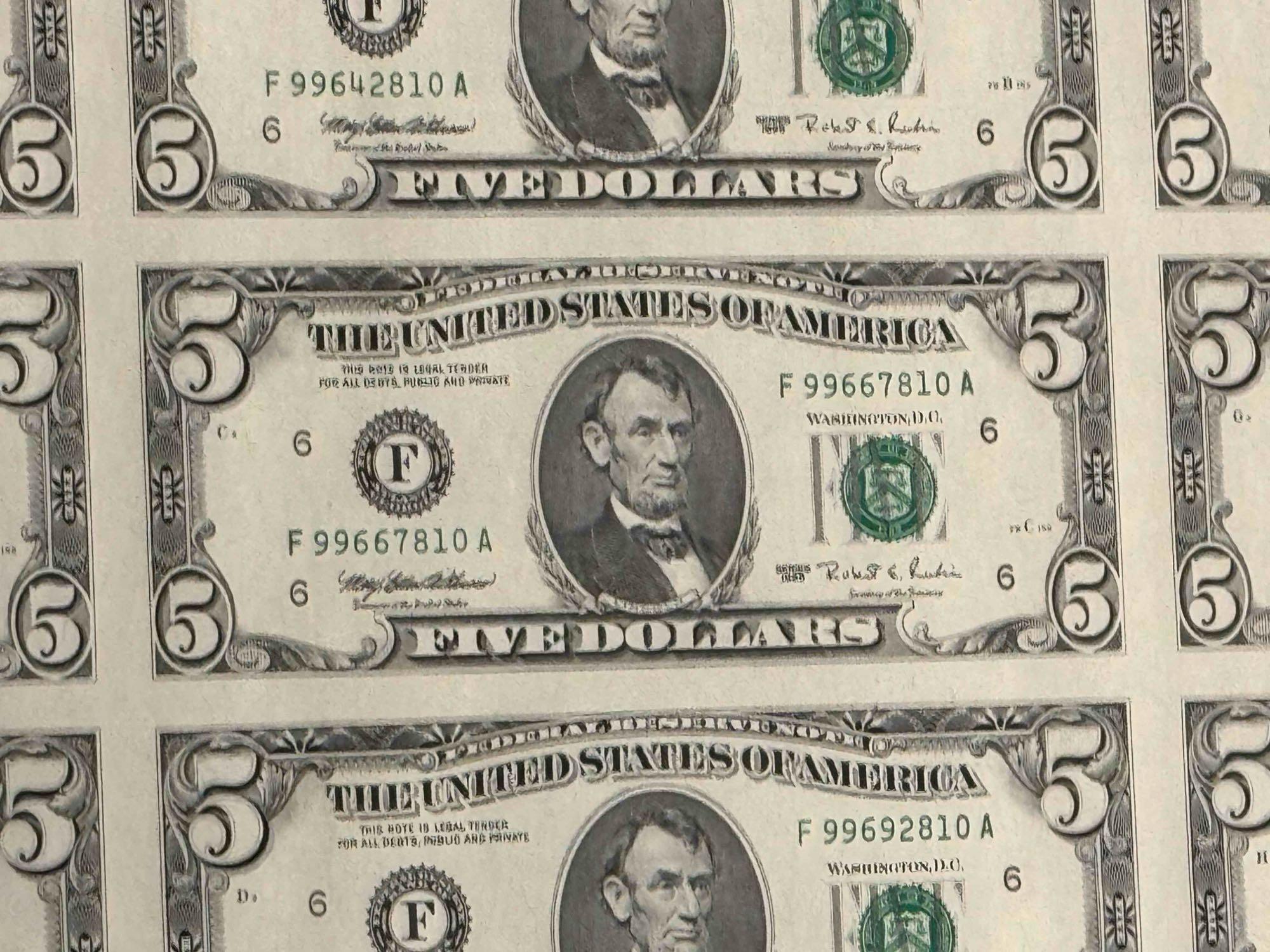 Uncut Sheet Of 32 $5 Bank Notes Series 1995 $160 Face Value