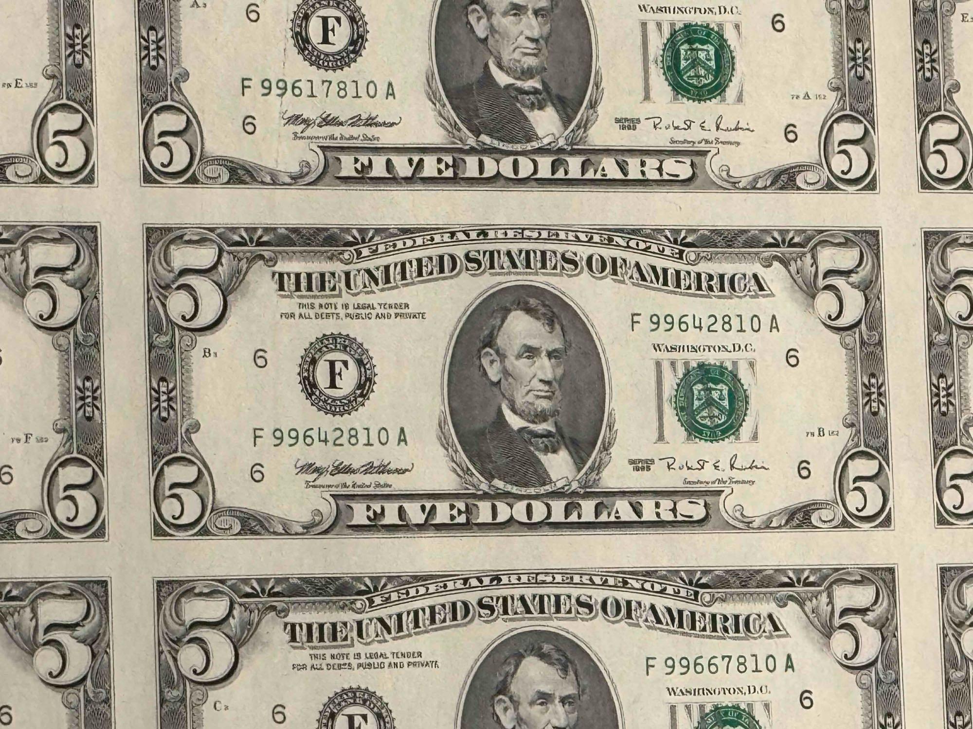 Uncut Sheet Of 32 $5 Bank Notes Series 1995 $160 Face Value