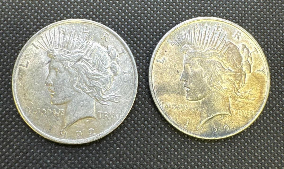 2x 1922 Silver Peace Dollars 90% Silver Coins 1.88 Oz