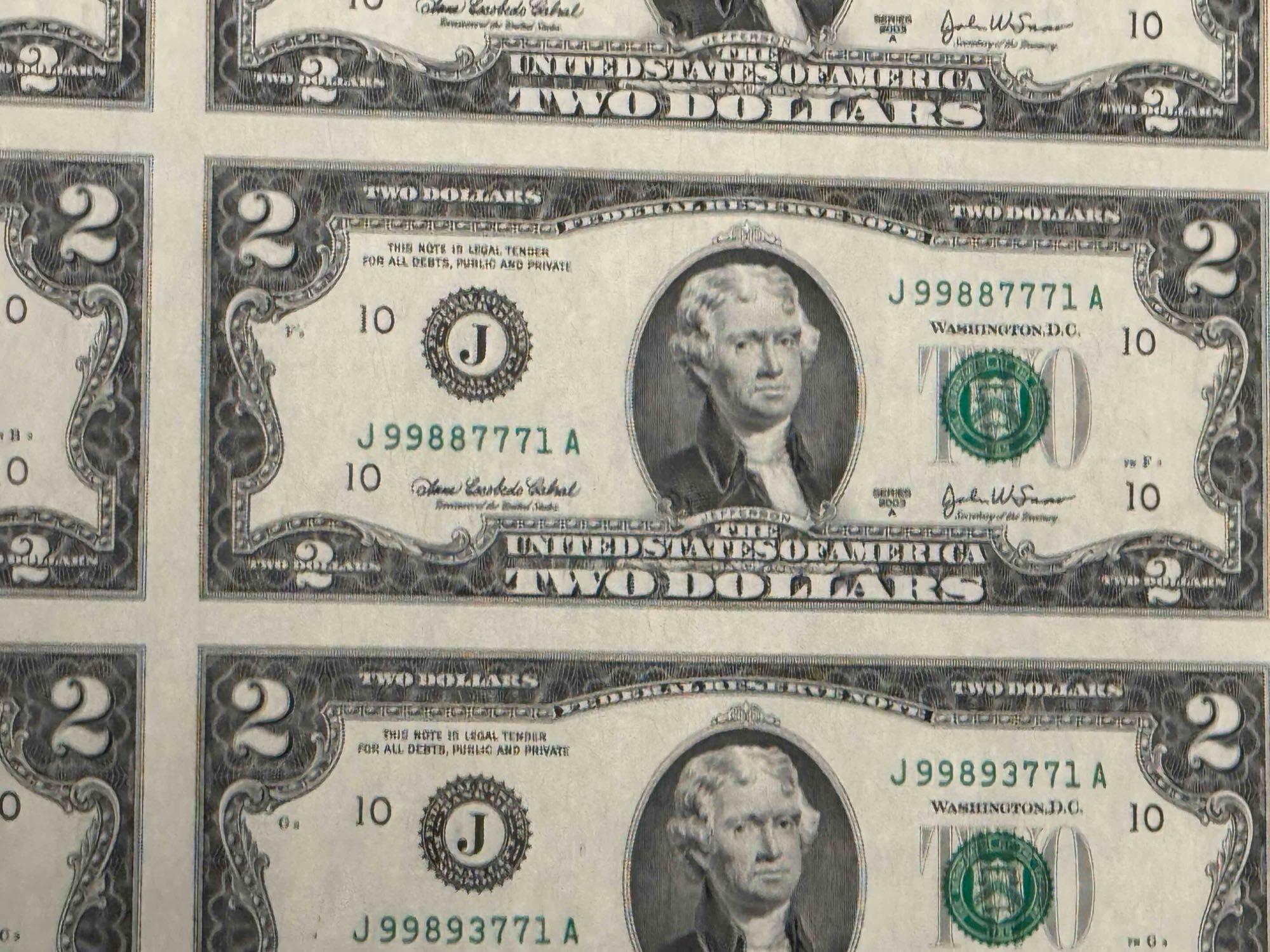 Uncut Sheet of $2 Bills 32 Count Series 2003 A $64 Face Value