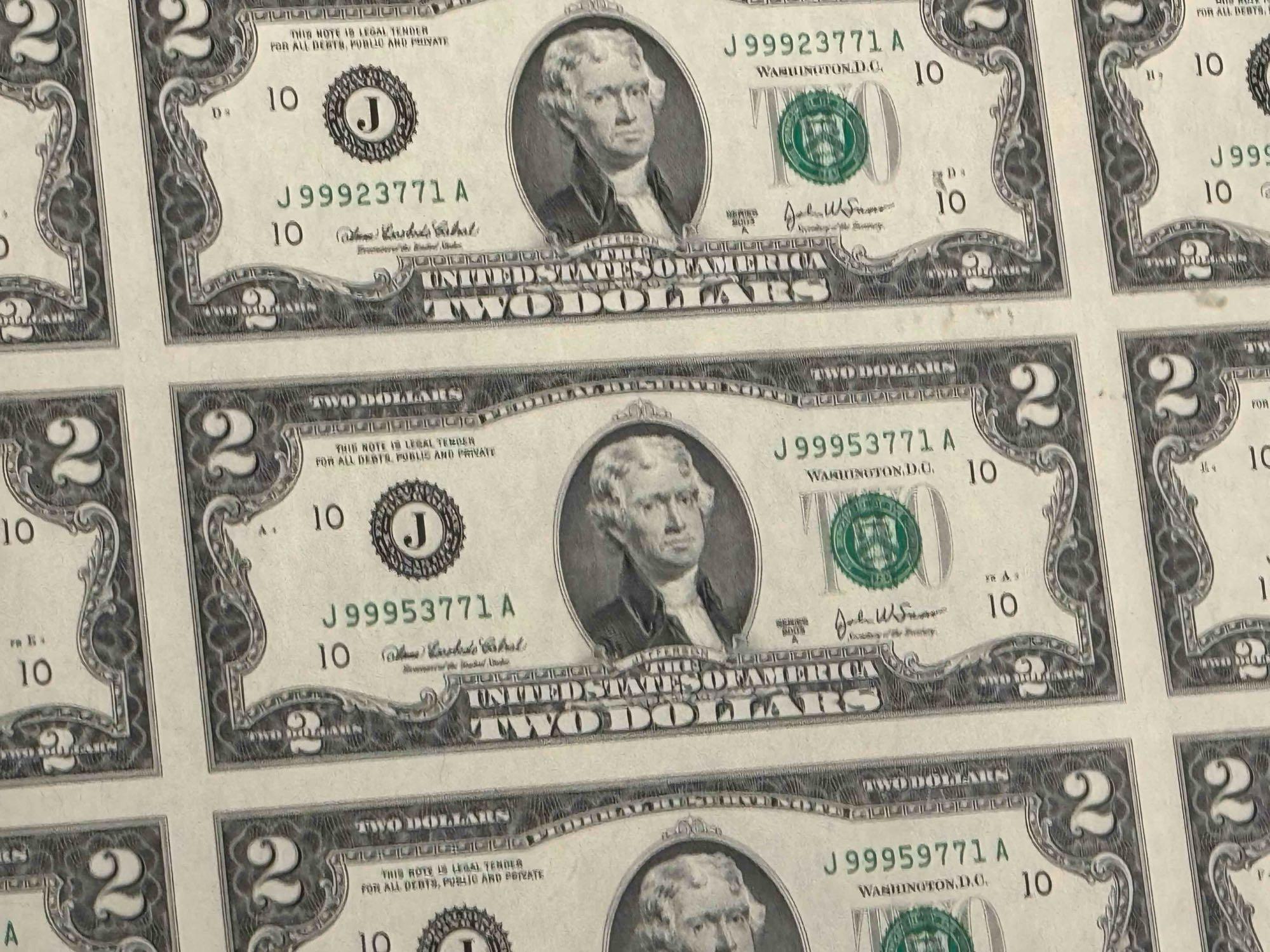 Uncut Sheet of $2 Bills 32 Count Series 2003 A $64 Face Value