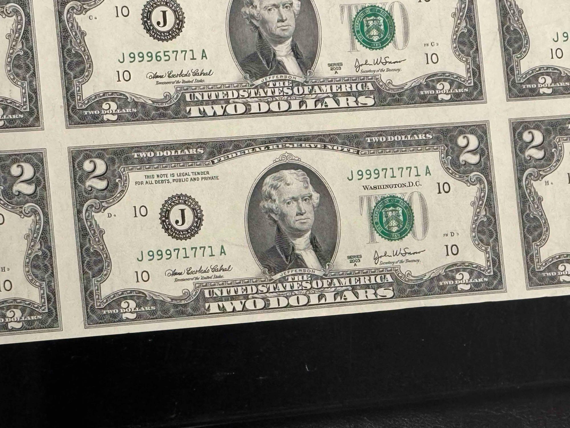 Uncut Sheet of $2 Bills 32 Count Series 2003 A $64 Face Value