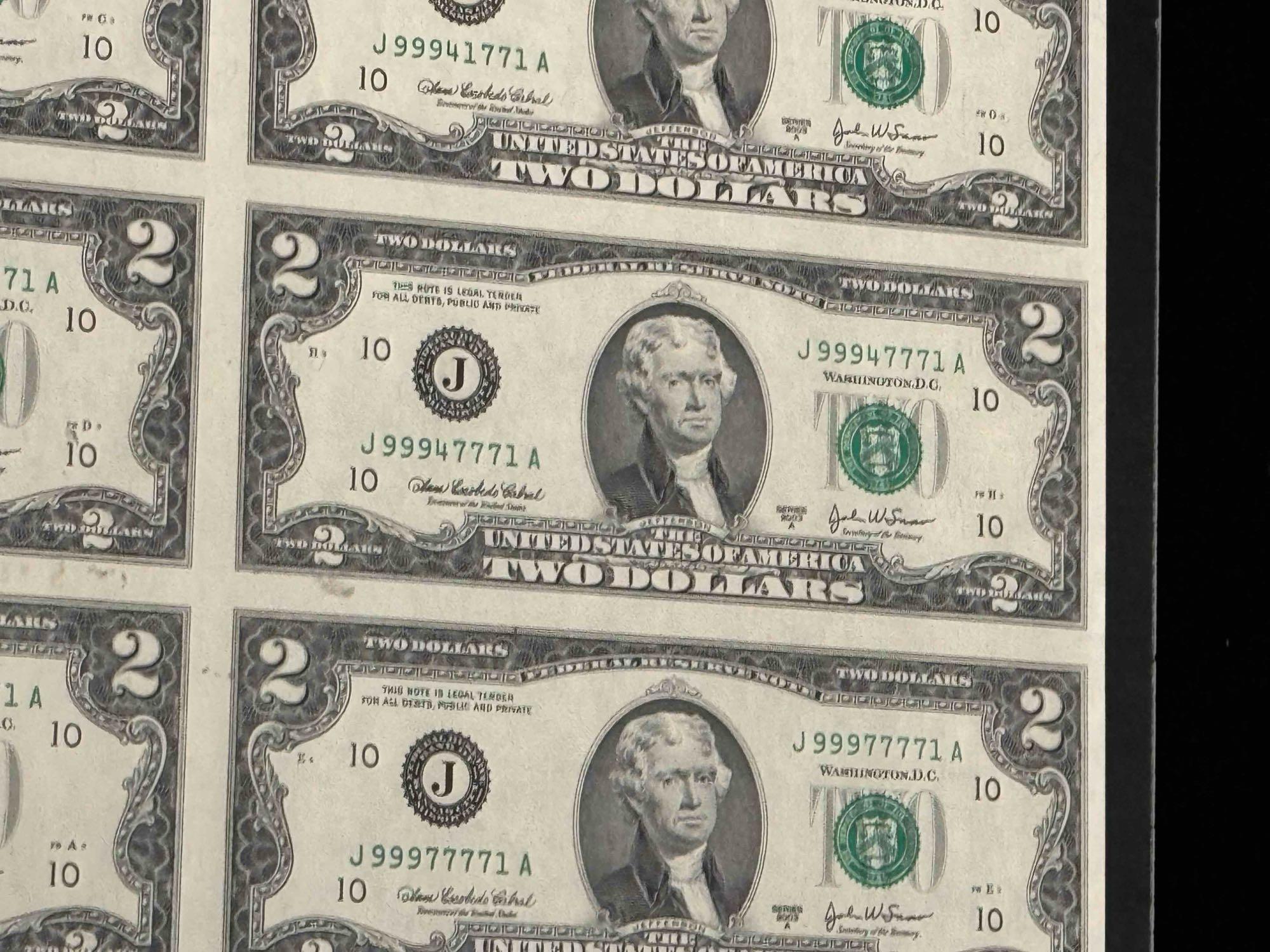 Uncut Sheet of $2 Bills 32 Count Series 2003 A $64 Face Value