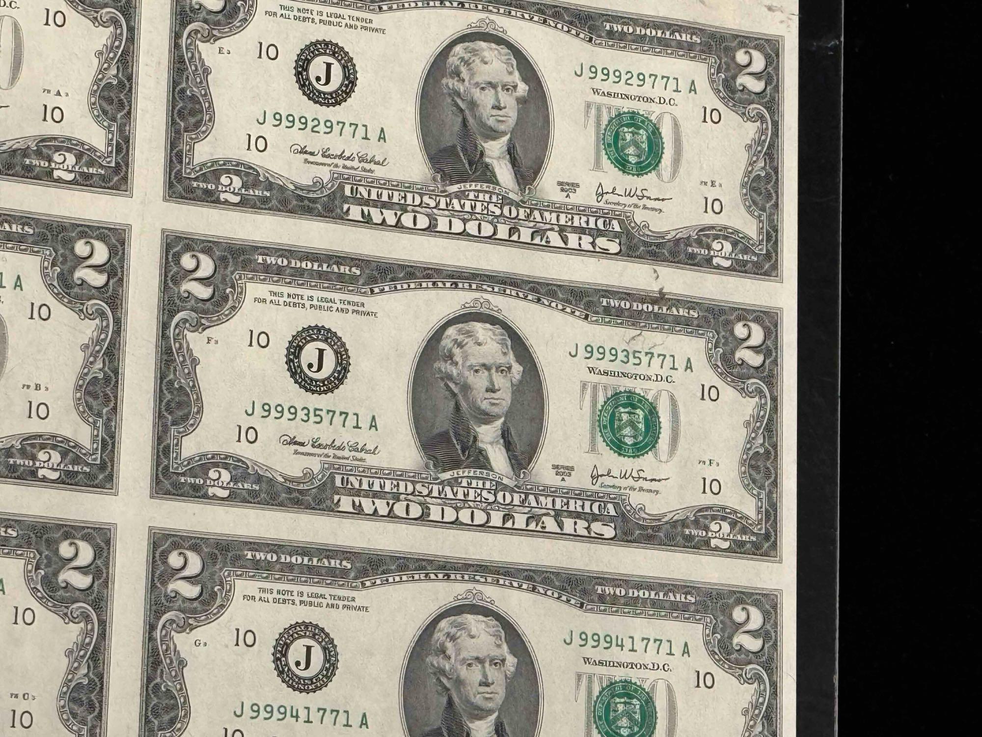 Uncut Sheet of $2 Bills 32 Count Series 2003 A $64 Face Value