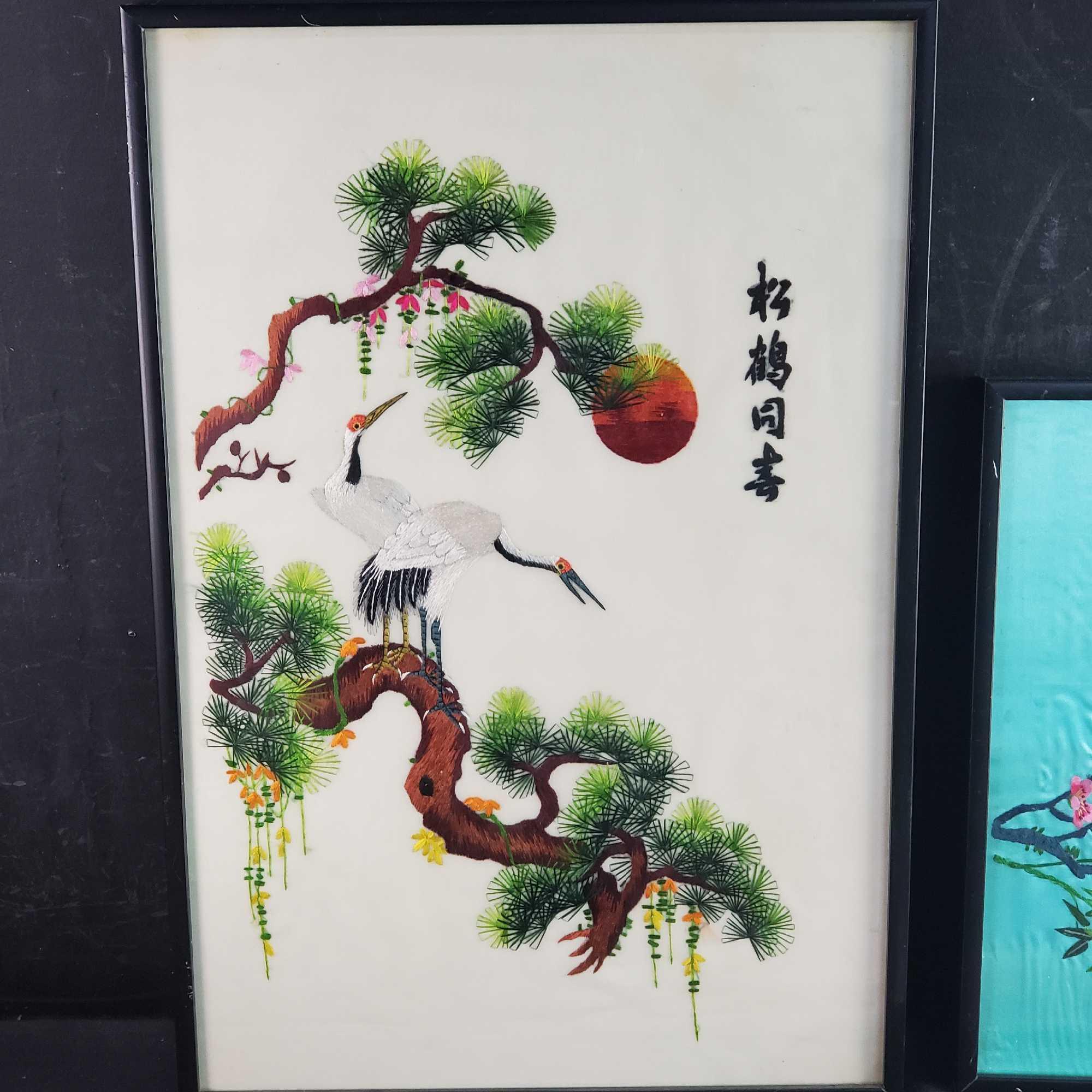 3 Framed vintage Japanese Hand Silk Embroidery Needlepoint Art Scenes