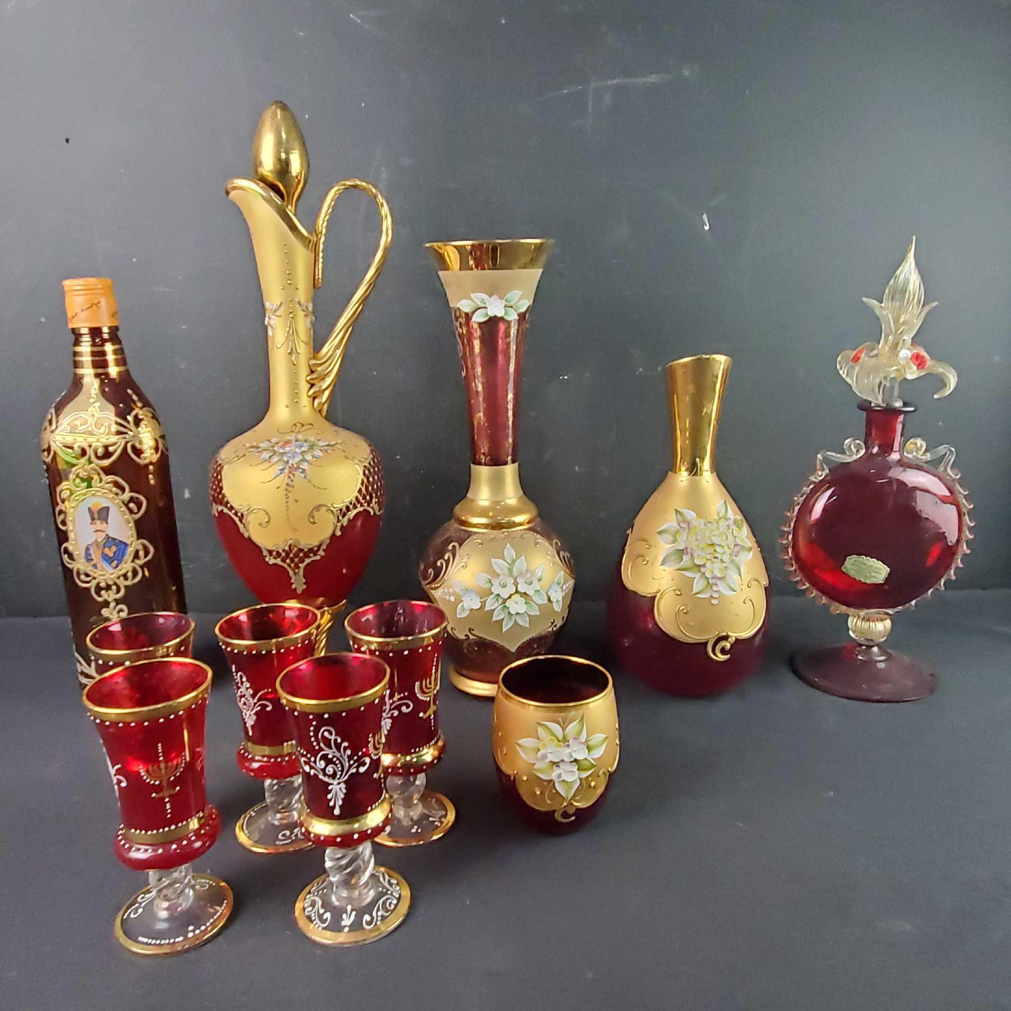 Lot of vintage Murano carafes decanters venetian vases bottles glasses etc.