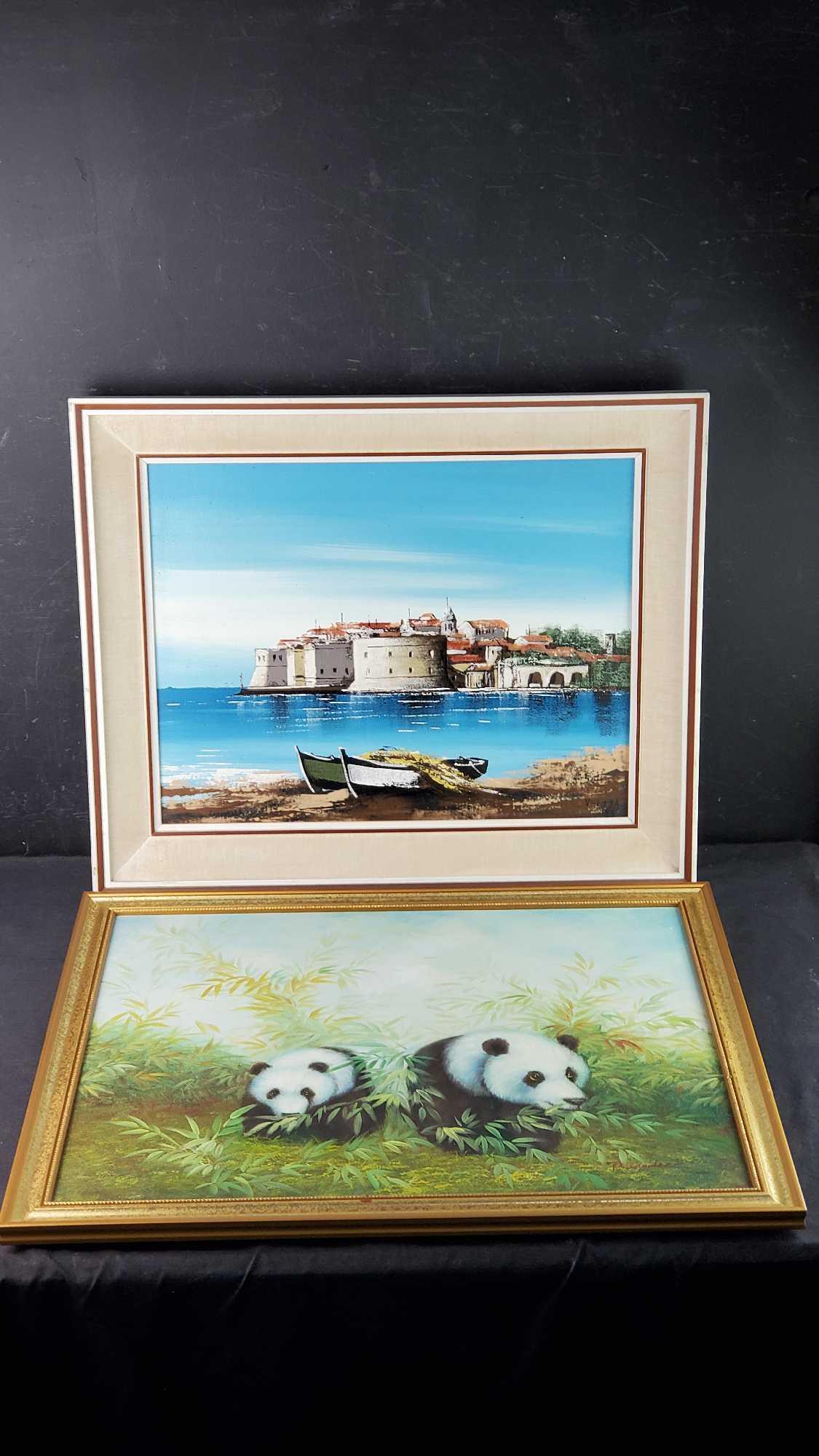 2 Framed oil/canvas artwork pieces with signatures Seascape Vellia Pandas P. Sanders