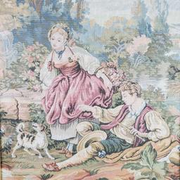 Framed needle point fabric/quilt tapestry boy/girl small dog Victorian age