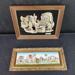 1 framed raised 3D Jerusalem piece 1 framed raised color souvenir of Jordan piece signed G.H