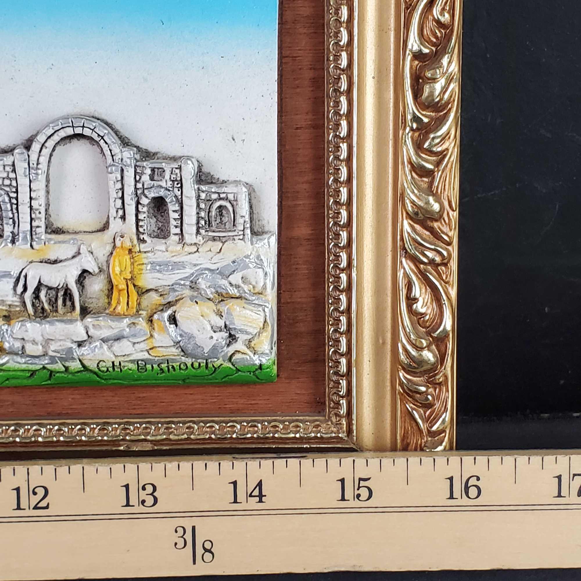 1 framed raised 3D Jerusalem piece 1 framed raised color souvenir of Jordan piece signed G.H