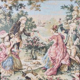 Framed needle point fabric/quilt tapestry art Victorian age picnic