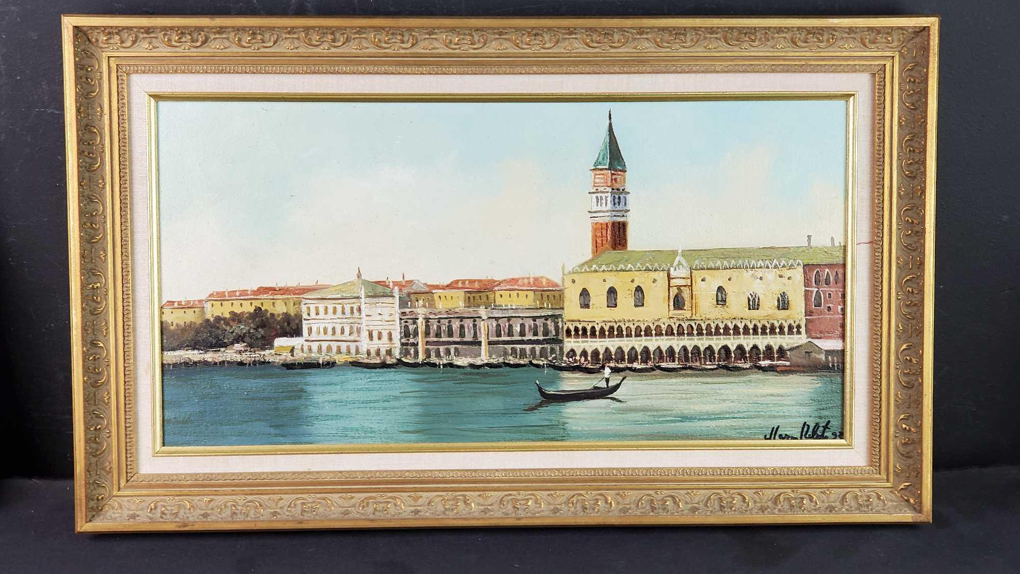 Framed artwork oil/Masonite venice Italy with signature