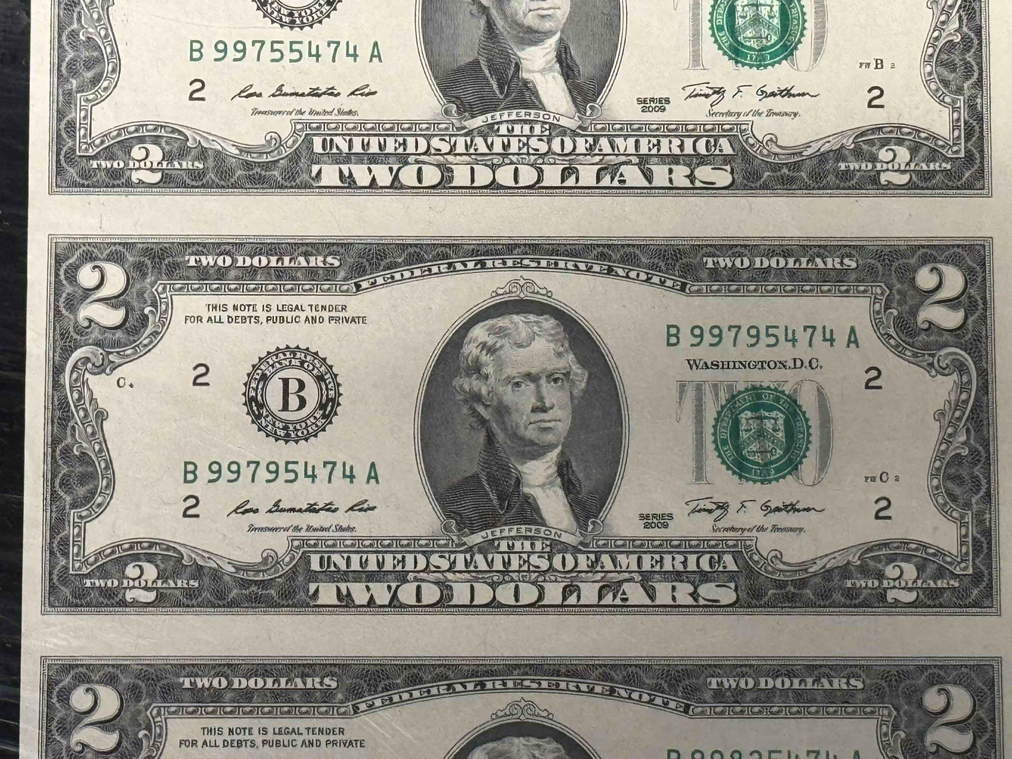 Uncut Sheet of 2 Dollar Bills 16 Count Series 2009 $32 Face Value