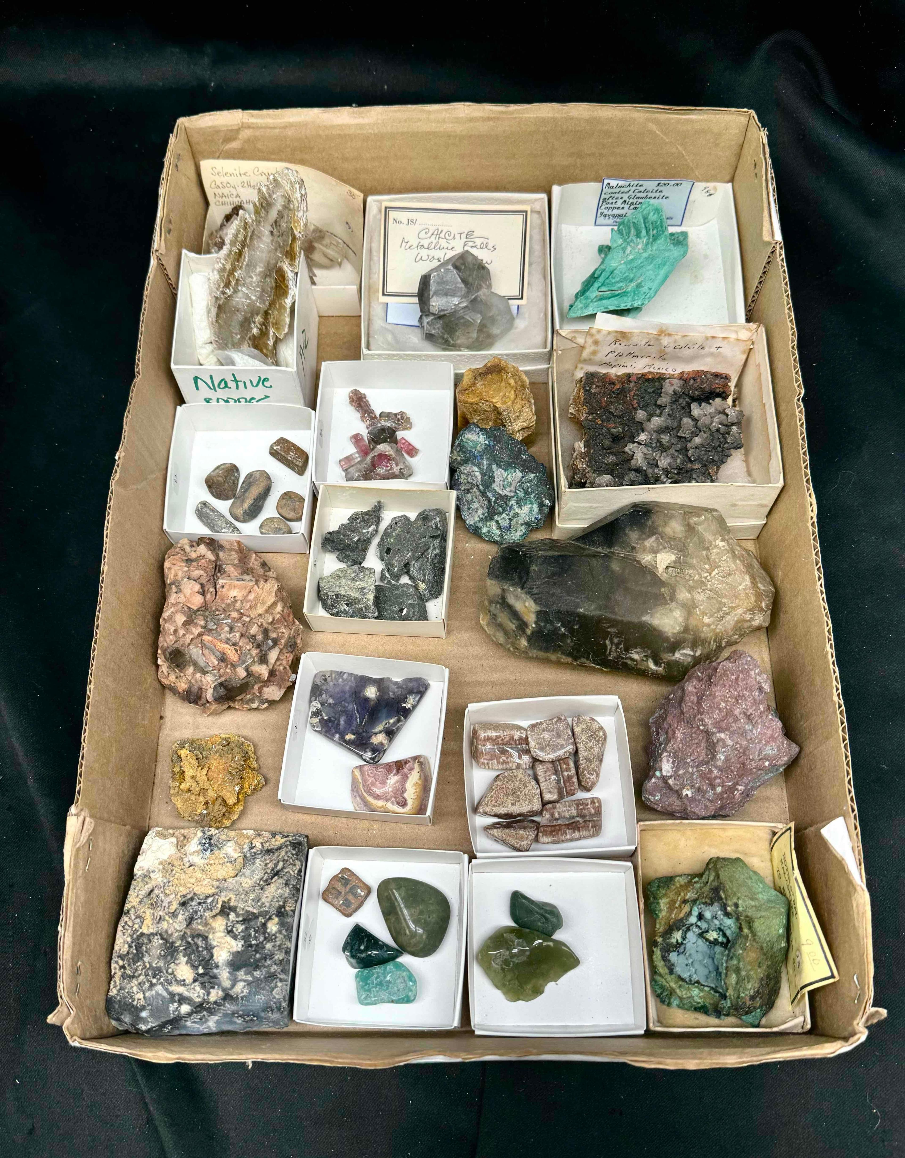 Flat of Assorted Mineral Specimens Jasper Agate, Malachite, Selenite more