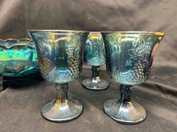 Indiana Glass Blue Carnival Harvest Grape Goblets, Bowl more