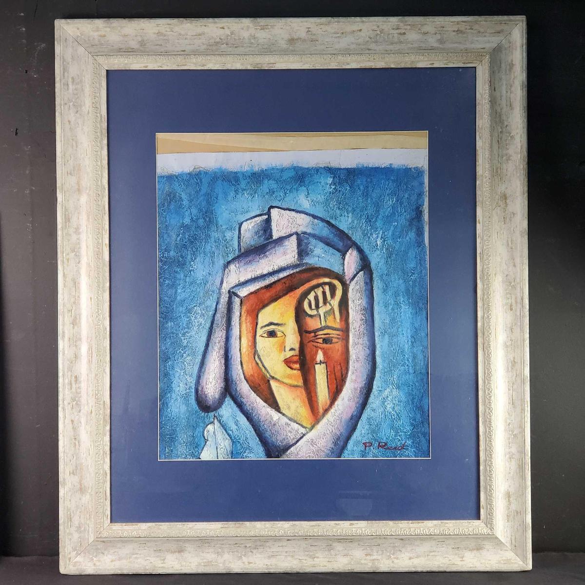 Large framed artwork titled Face In Hands signed P. Reed