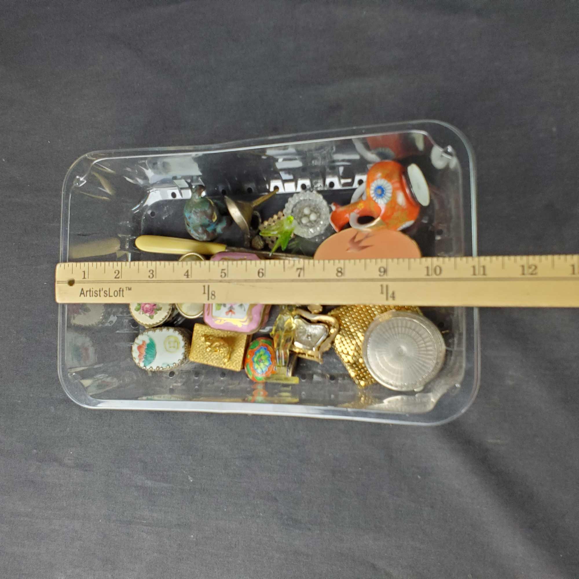 Lot of misc. vintage pill/trinket boxes mini mesh coin purse button hook small figurines etc.