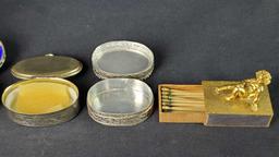 Lot of misc. vintage pill/trinket boxes mini mesh coin purse button hook small figurines etc.