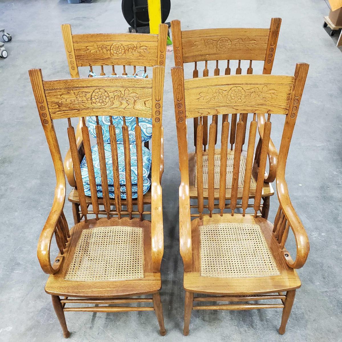 Lot 4 oakvcane seat dinning room chairs with ingraved floral design comes with 3 cushions