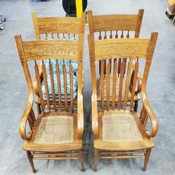 Lot 4 oakvcane seat dinning room chairs with ingraved floral design comes with 3 cushions