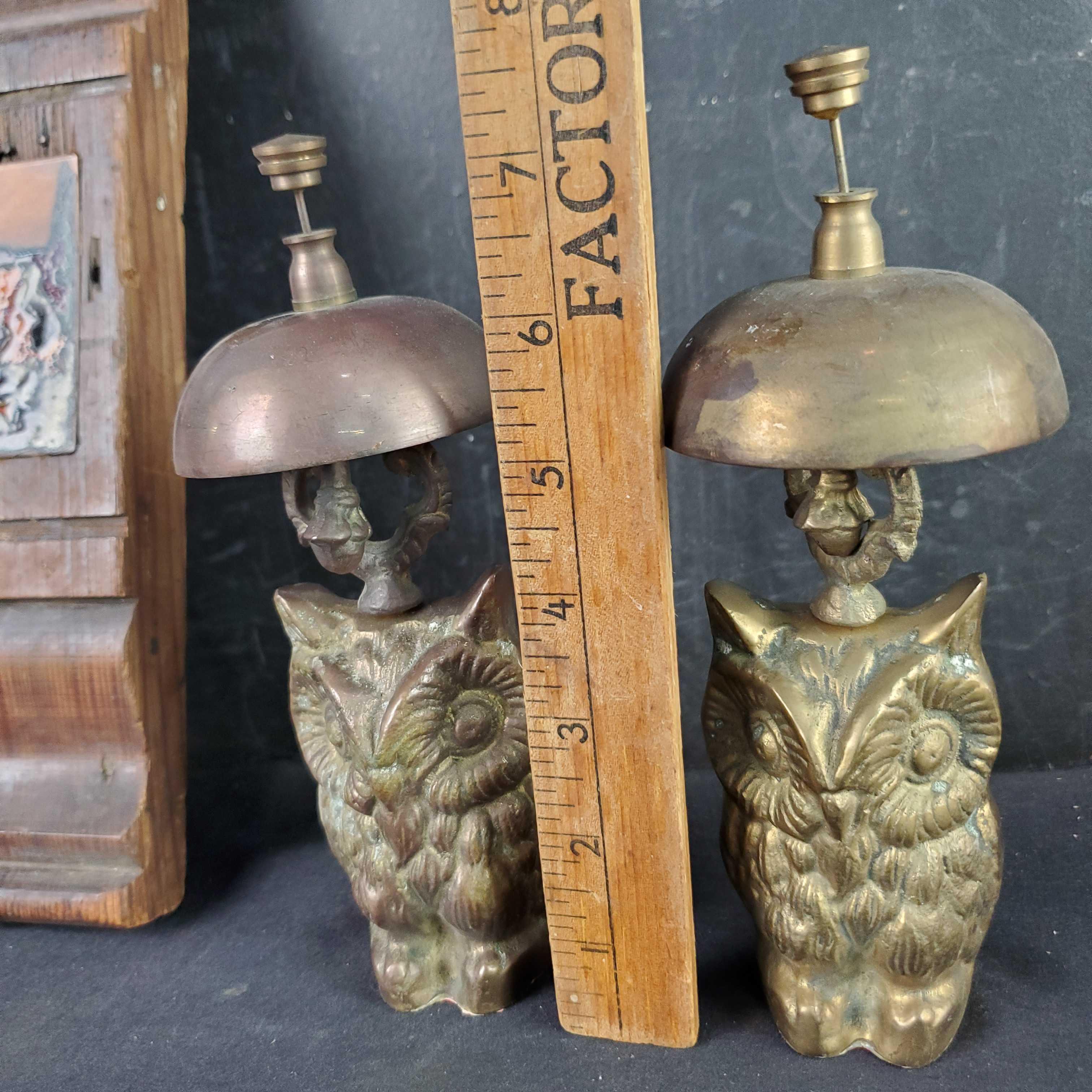 2 Vintage brass owl bells unique wall art signed Napoleon registration/monarchy 1830 copper pin