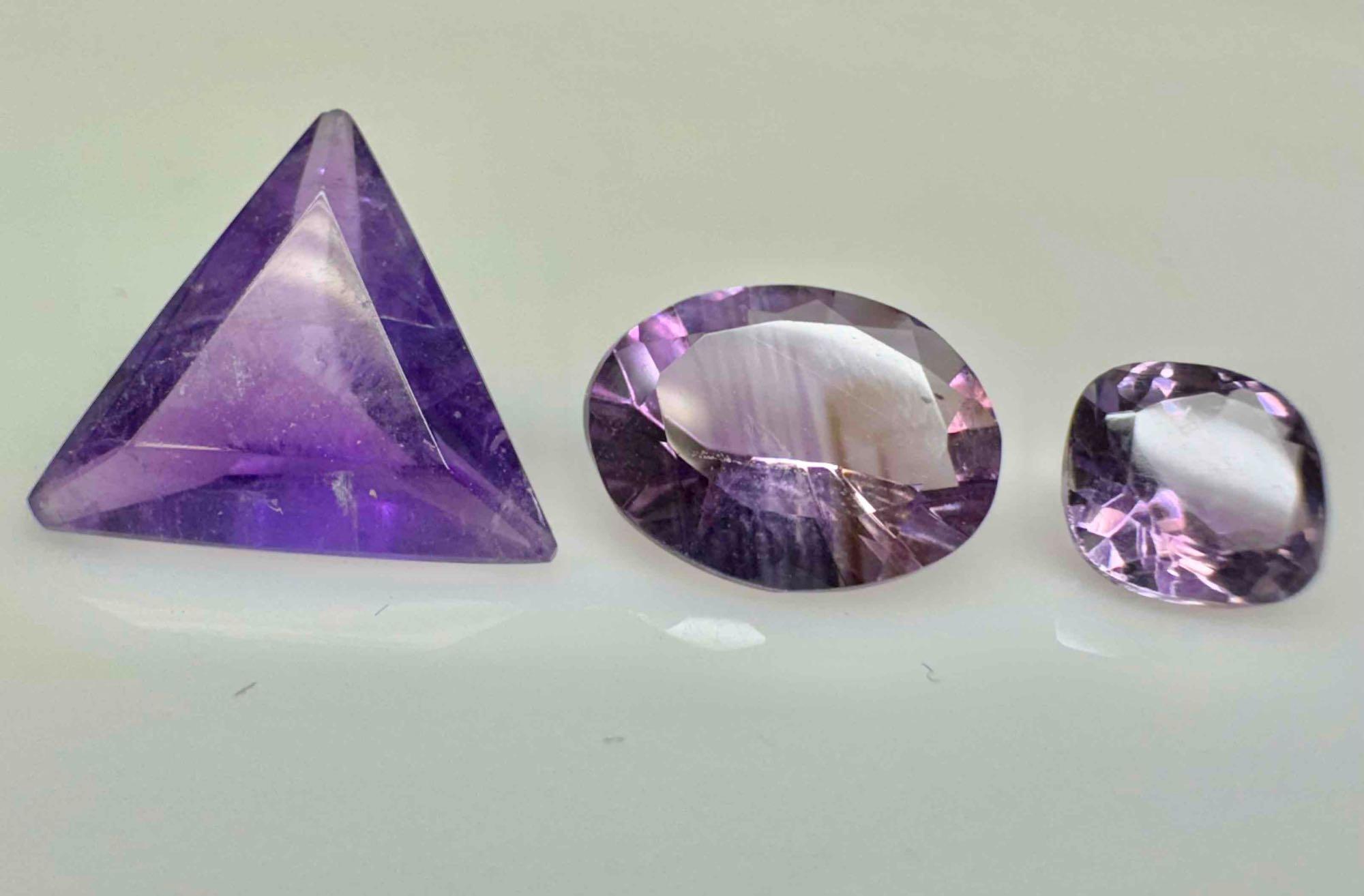 3 Muti Shape Amethyst Gemstones Oval, Square, Triangle cuts 9.3ct total