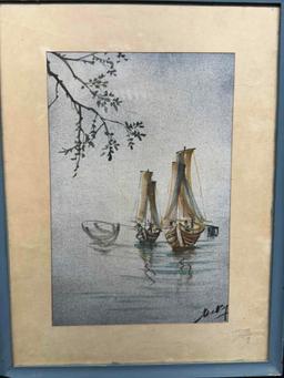 Pair of Signed Framed Art of Boats 12x16