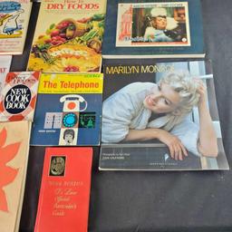 Box of mostly vintage books cook/recipe books Marilyn Monroe calander