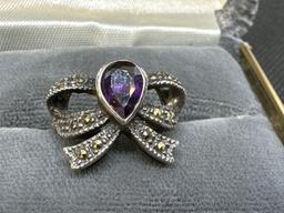 Silver Tear Drop Purple Amethyst ribbon Ring 4.32 Grams Size 6