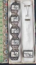 Antique Chinese Sterling Silver Filigree Scrimshaw Panel Bracelet And Matching Necklace In Original
