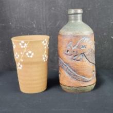 Unique small jug with ingraved dragon sandstone handmade/painted cup with signature on bottom