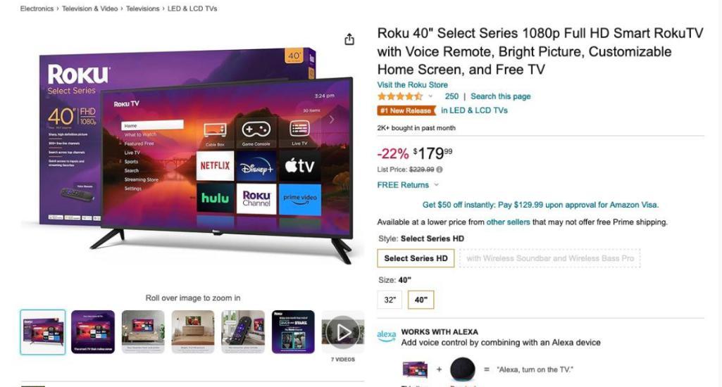 Roku 40" Select Series 1080p Full HD Smart RokuTV with Voice Remote, Bright Picture, Customizable
