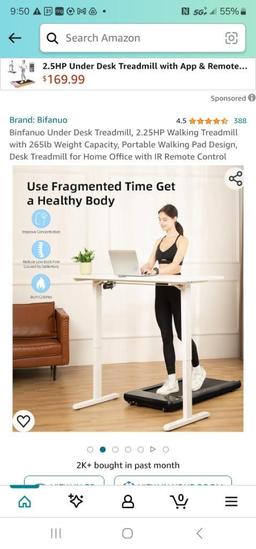 Binfanuo Under Desk Treadmill, 2.25HP Walking Treadmill 265lb Capacity
