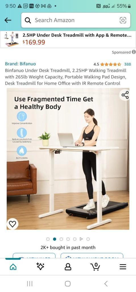 Binfanuo Under Desk Treadmill, 2.25HP Walking Treadmill 265lb Capacity