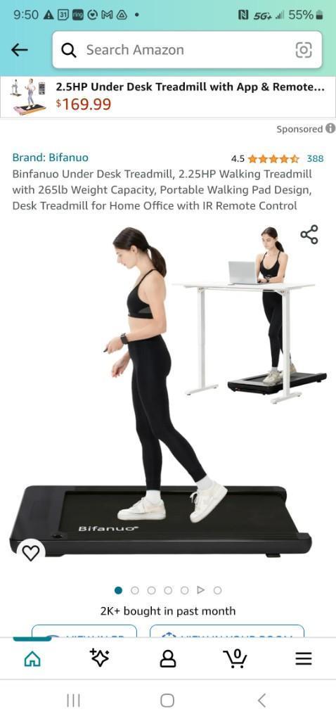 Binfanuo Under Desk Treadmill, 2.25HP Walking Treadmill 265lb Capacity