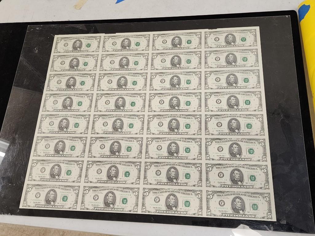 Uncut Sheet ...$5 Bills total $160 face value