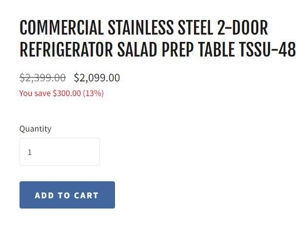 COMMERCIAL STAINLESS STEEL 2-DOOR REFRIGERATOR SALAD PREP TABLE TSSU-48 NIB