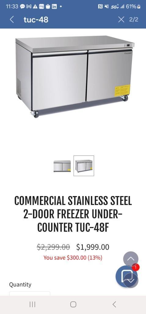 COMMERCIAL STAINLESS STEEL 2-DOOR FREEZER UNDER-COUNTER TUC-48F NIB