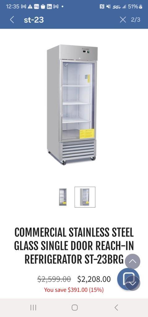 COMMERCIAL STAINLESS STEEL GLASS SINGLE DOOR REACH-IN REFRIGERATOR ST-23BRG