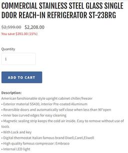 COMMERCIAL STAINLESS STEEL GLASS SINGLE DOOR REACH-IN REFRIGERATOR ST-23BRG