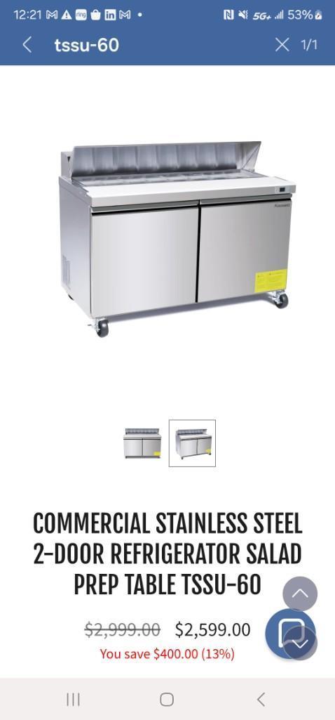 COMMERCIAL STAINLESS STEEL 2-DOOR REFRIGERATOR SALAD PREP TABLE TSSU-60 NIB