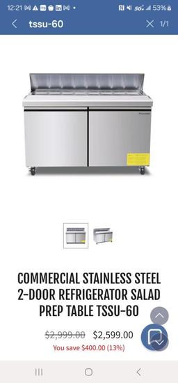 COMMERCIAL STAINLESS STEEL 2-DOOR REFRIGERATOR SALAD PREP TABLE TSSU-60 NIB